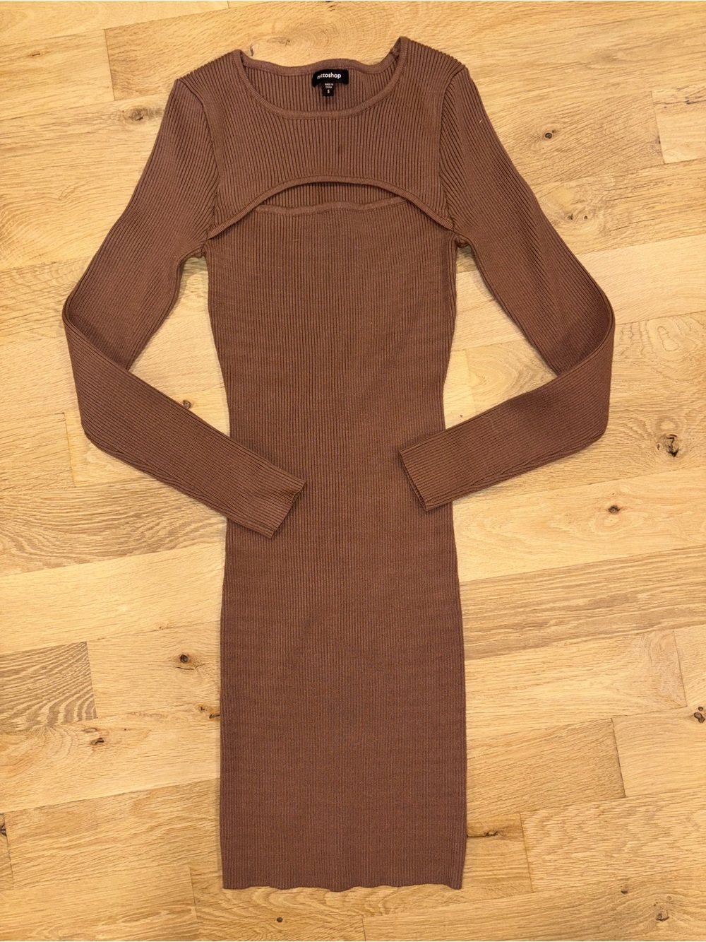 Lane 201 Brown Ribbed Long-Sleeve Cutout Bodycon Dress
